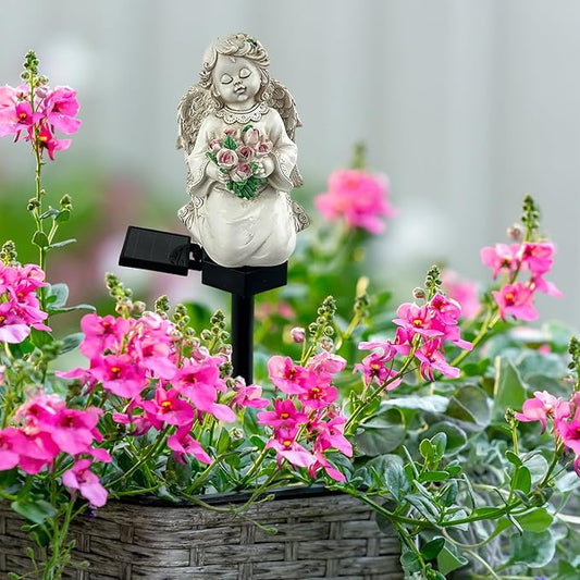 Solar Garden Angel Lights, Waterproof Outdoor Garden Angels Statue Decorations Solar Lights for Cemetery Gravesite Grave Outside Yard Patio Lawn Porch (Flower)