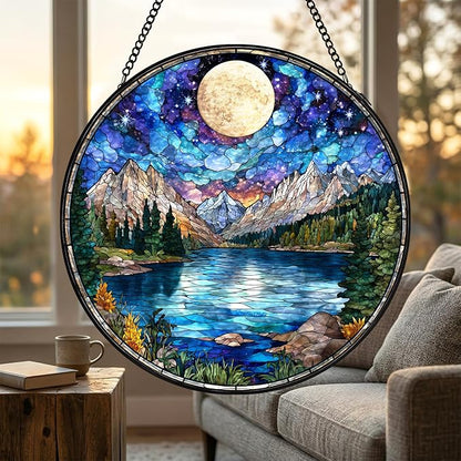 Stained Glass Sun Catcher Window Hanging - Sunset Mountains Lake Tree Design, Indoor Decor Gifts for Mother's Day, Birthday, Christmas - Perfect for Women, Men, Mom Home Window Decor (Blue) 7.8 in
