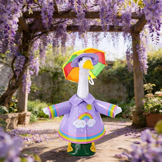 DECOHS 3 Pcs/Set Raincoat Porch Goose Outfits, Summer Lawn Goose Statue Raincoat Costume, Yard Goose Clothes Raincoats Umbrella Hat Outfit for 23" Statue Patio Garden Decoration (Purple Rainbow)