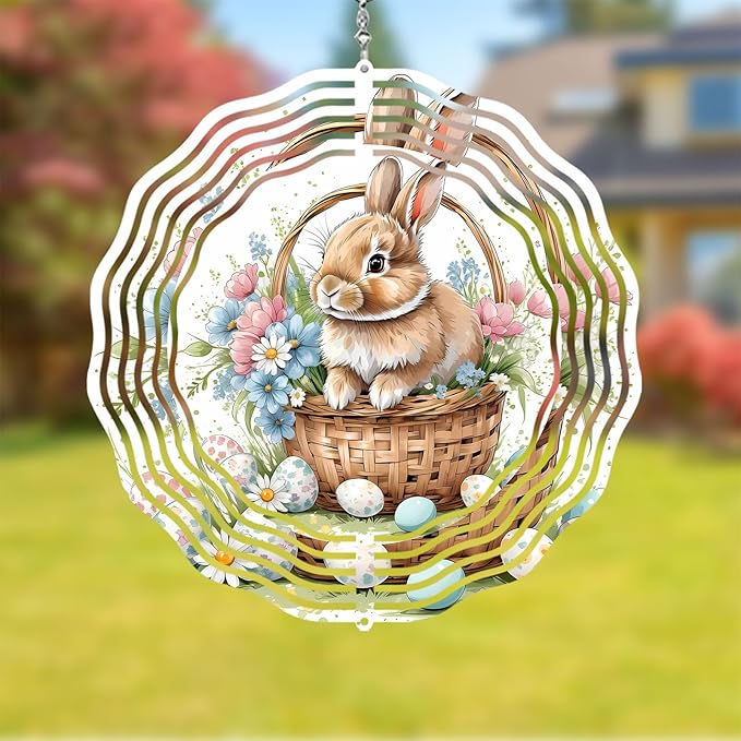 Easter Bunny Wind Spinner Easter Day Gifts 3D Metal Kinetic Hanging Wind Sculpture Spinners for Yard and Garden Indoor Outdoor Window Easter Rabbit Yard Art Garden Decoration 8 Inch (Bunny 4)