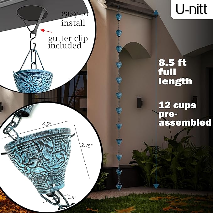 U-nitt Rain Chain Water Collection for Gutters Rainwater Catcher & Diverter, 8.5 FT Chains for Outside Garden, Sunflower Cups, Roof Downspout, Works with Heavy Rain, w/ Gutter Clip for Rainchains