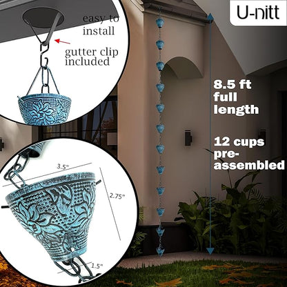 U-nitt Rain Chain Water Collection for Gutters Rainwater Catcher & Diverter, 8.5 FT Chains for Outside Garden, Sunflower Cups, Roof Downspout, Works with Heavy Rain, w/ Gutter Clip for Rainchains