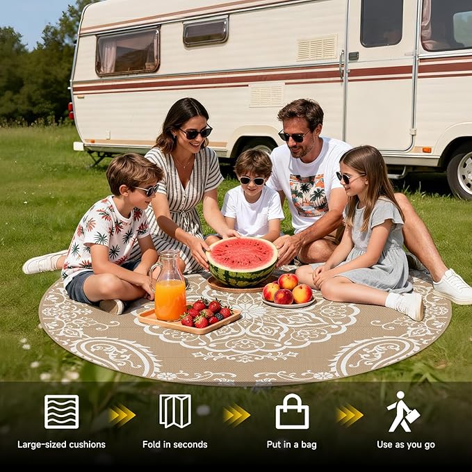Pauwer Waterproof Outdoor Rug 6ft, Reversible Plastic Straw Patio Camping Rug, Indoor Outdoor RV Mat Carpet for Deck, Camper, Porch, Balcony, Backyard, Picnic, Boho Brown