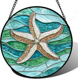 DASTOLL Stained Glass Window Hanging Teal Sea Waves Starfish 6.3" - Suncatcher Door Garden Sun Catcher Home Decor Birthday Mother's Day for Mom Men Woman Parents Her Child Nana