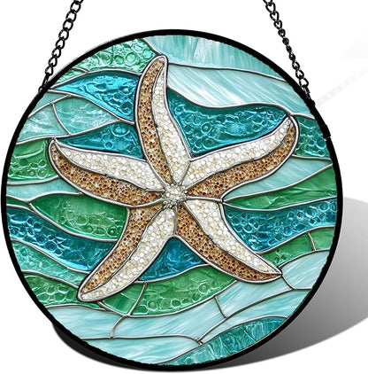DASTOLL Stained Glass Window Hanging Teal Sea Waves Starfish Large 11.8" - Suncatcher Door Garden Sun Catcher Home Decor Birthday Mother's Day for Mom Men Woman Parents Her Child Nana