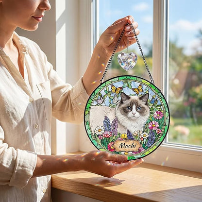Personalized Pet Stained Glass Suncatcher, Dog Cat Memorial Window Hanging, Sympathy Bereavement Potrait Photo Gift for Loss of Pet, Remembrance Gift for Cat Dog Lovers