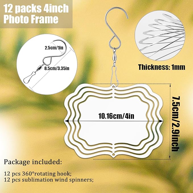 12 Pack 4inch Sublimation Wind Spinner Blanks 3D Aluminum Metal Wind Sculpture Kinetic Spinners for Yard Garden Indoor Art Sublimation Christmas Ornament Hanging Decoration (Photo Frame)