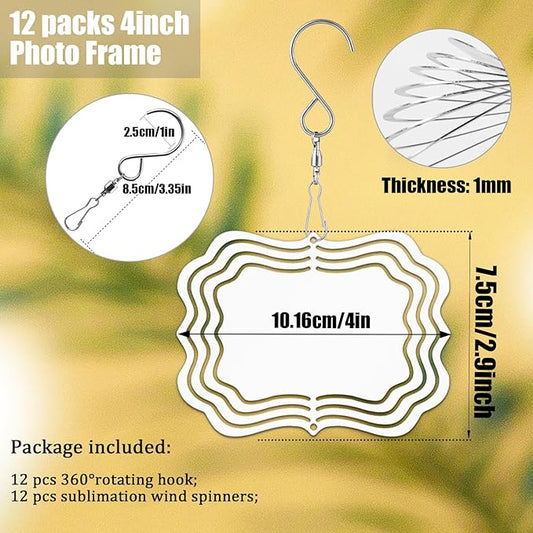 12 Pack 4inch Sublimation Wind Spinner Blanks 3D Aluminum Metal Wind Sculpture Kinetic Spinners for Yard Garden Indoor Art Sublimation Christmas Ornament Hanging Decoration (Photo Frame)