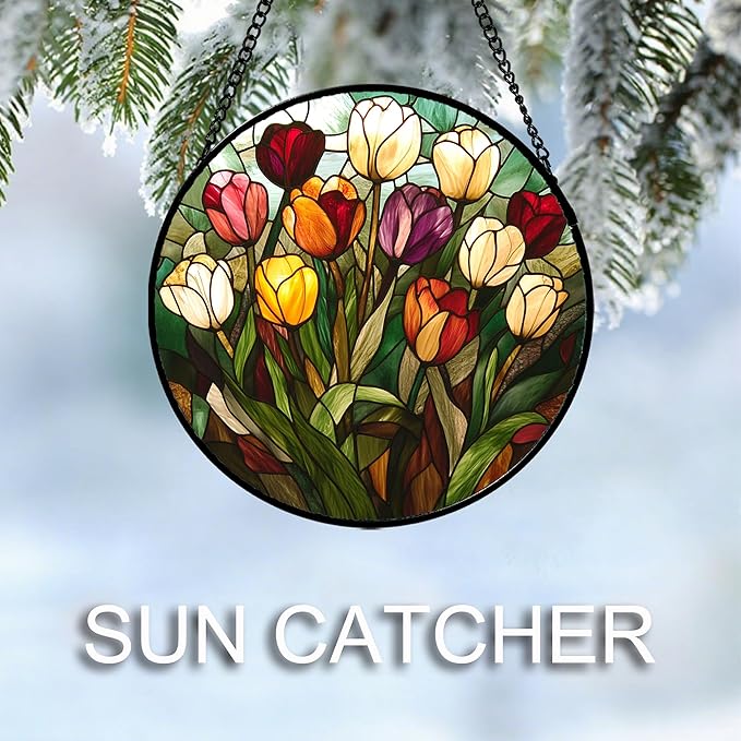 Stained Glass Window Hanging Colorful Tulip 7.8" - Flower Suncatcher Door Garden Sun Catcher Home Plant Decor Birthday Mother's Day for Mom Woman Friend Nana Colleague
