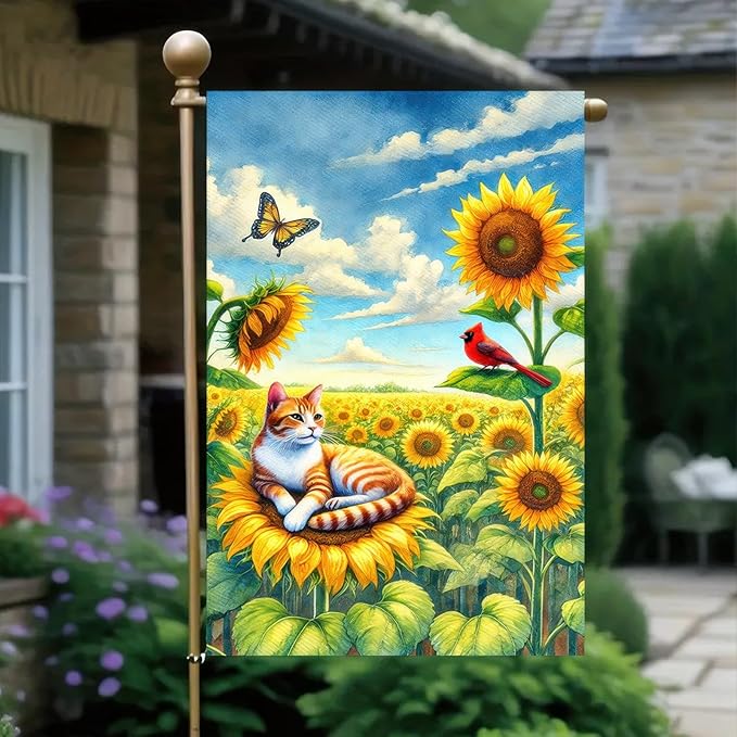 BlissYard Spring Cat Garden Flag 12x18 Inches Double Sided Cardinal Sunflower Butterfly Welcome Yard Flags Summer Seasonal Flower for Outside Decor Home Farmhouse Holiday Decorations