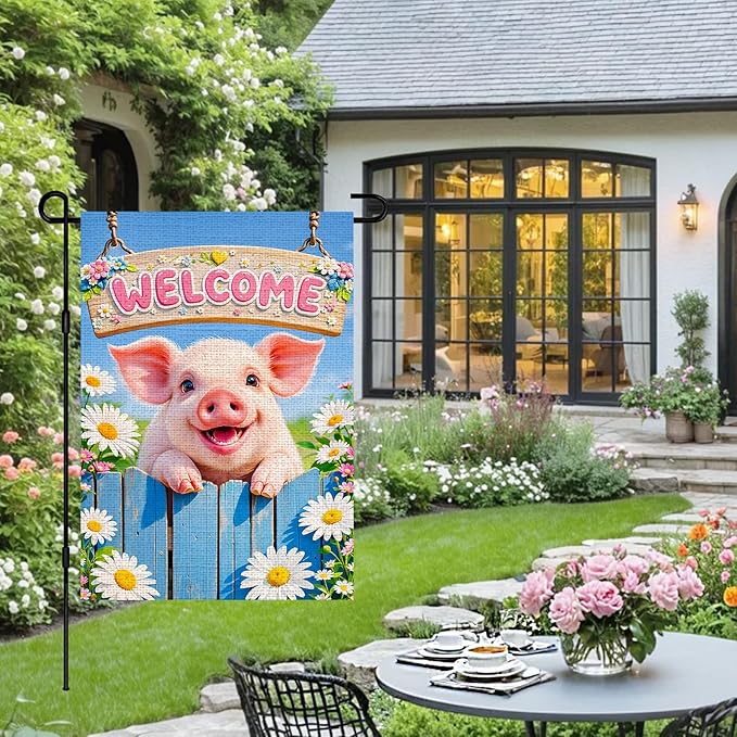 IVN Welcome Pig Spring Garden Flag 12x18 Inch Funny Piglet Watercolor Blue Garden Gate Fence Daisies Pink Flower Dasiy Watering Can Floral Double Sided Burlap Vertical Small Yard House Flag Seasonal Outdoor Decoration for Outside Home Front Door Lawn P...