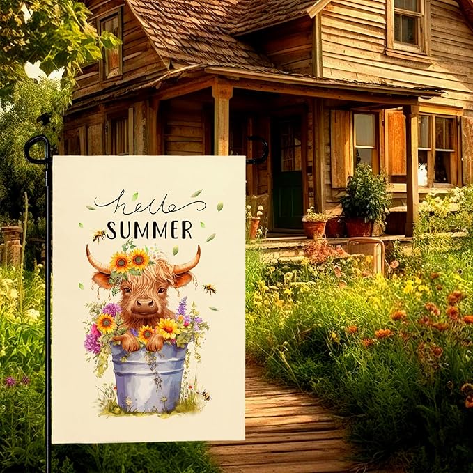 Hello Summer Garden Flag Highland Cow Yard Flag Summer Sunflower Honey Bee Floral Garden Flags Farmhouse Rustic Green Leaf House Banner for Seasonal Double Sided 12x18 Inch Outdoor Decoration