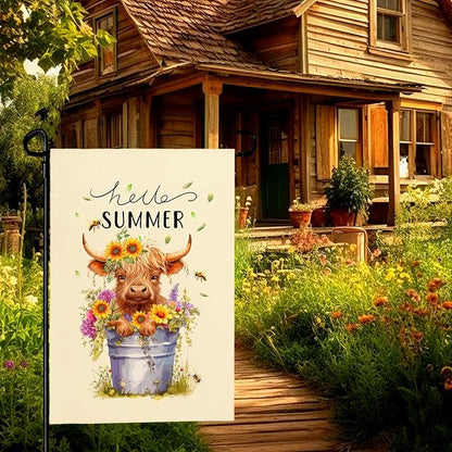 Hello Summer Garden Flag Highland Cow Yard Flag Summer Sunflower Honey Bee Floral Garden Flags Farmhouse Rustic Green Leaf House Banner for Seasonal Double Sided 12x18 Inch Outdoor Decoration