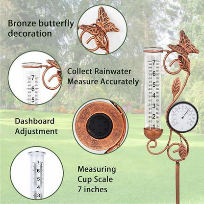 Butterfly Rain Gauge Garden Decor, 32" Thermometer Patio Decor, 7" Capacity Rain Gauge Replacement Tube Glass, Outdoor Temperature Patio Decor