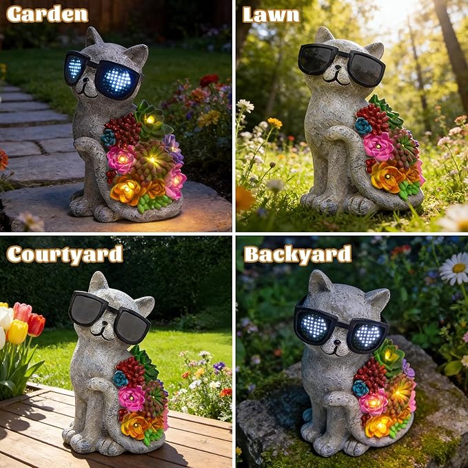 Solar Garden Statues Cat with Succulent and LED Lights Birthday Gifts for Women Mom Grandma Outdoor Decor for Patio Backyard Yard Lawn Decoration Unique Housewarming Gifts