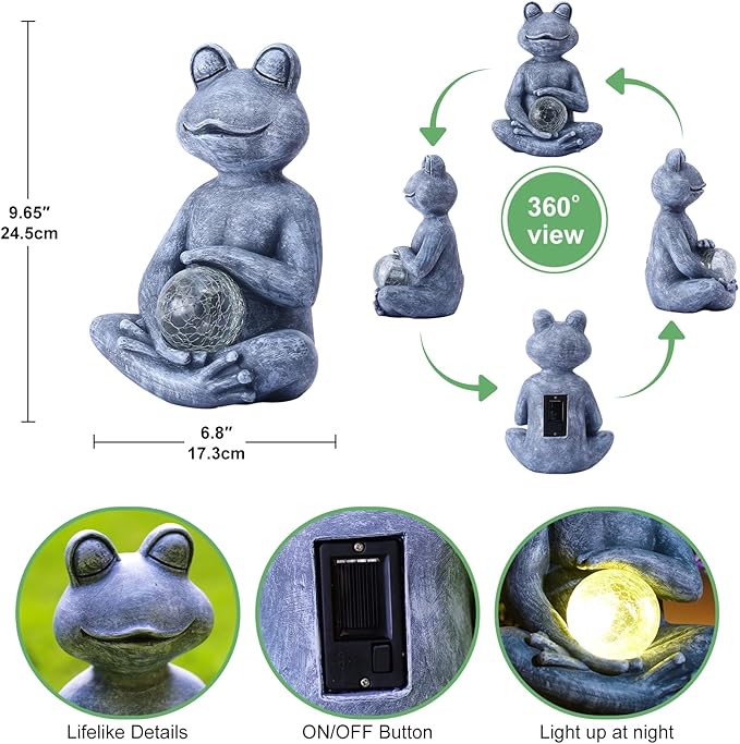 Meditating Yoga Frog Statue with Solar LED Light Ball - 6.8L x 9.65H Zen Garden Figurines for Home and Garden Decor, Frog Decorations Gift Ideas, Gifts for Women Mom