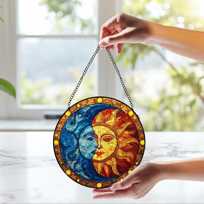 Sun and Moon Stained Glass Window Hanging, Celestial Sun and Moon Suncatchers Indoor Window Glass Wall Art Decorations, Celestial Decor Round Wall Hanging Decor, 7.9x7.9in
