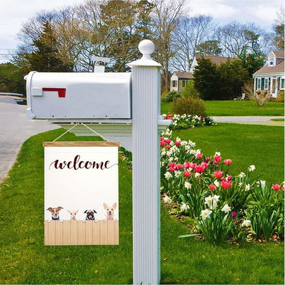 Mugod Welcome Dog Garden Flag, Cute Puppy on Fence Rustic Farmhouse Design, Vertical Double Sided Burlap Yard Flag 12.5x18 Inch, Pet Lover Outdoor Patio Lawn Decor