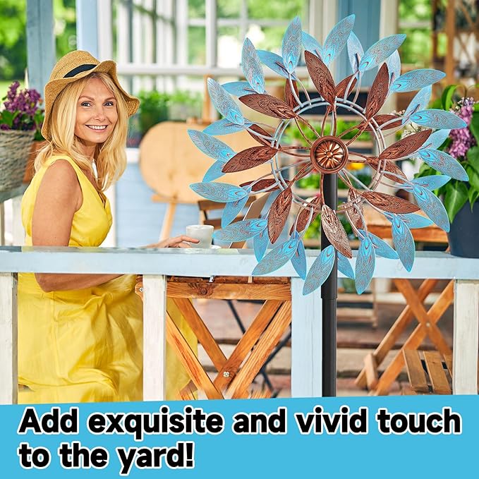 Metal Wind Spinners Outdoor, Kinetic Garden Wndmills,Yard Art Windmill with Metal Stake,Vintage Wind Sculptures & Spinners,Waterproof Pinwheels Large Wind Mill for Patio Lawn Yard Garden(Blue+Brown)