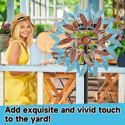 Metal Wind Spinners Outdoor, Kinetic Garden Wndmills,Yard Art Windmill with Metal Stake,Vintage Wind Sculptures & Spinners,Waterproof Pinwheels Large Wind Mill for Patio Lawn Yard Garden(Blue+Brown)