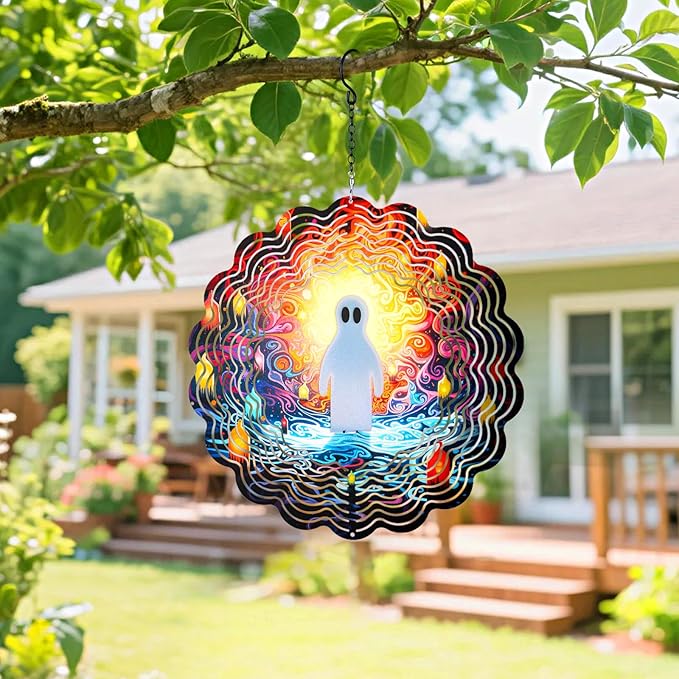Halloween Decorations Outdoor 3D Wind Spinners Hanging,Metal Ghost Wind Spinner Holloween Gifts for Women Men,12 Inch Kinetic Wind Sculpture Outside Silhouette Balcony,Patio, Lawn,Yard,Garden Decor