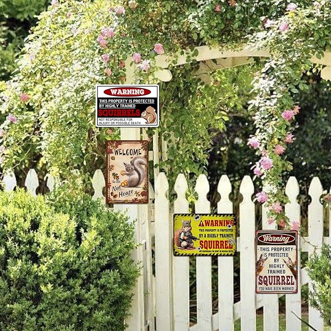Squirrel Funny Metal Tin Signs for Yard Garden Decor - Warning Property Is Protected Signs Squirrel Gifts Decorations 8x12 Inch