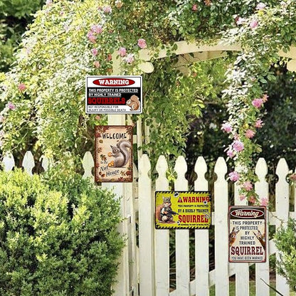 Squirrel Funny Metal Tin Signs for Yard Garden Decor - Warning Property Is Protected Signs Squirrel Gifts Decorations 8x12 Inch