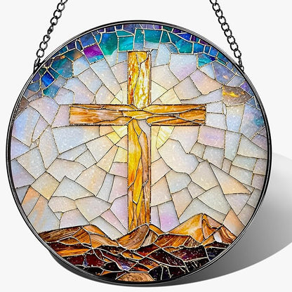 8-Inch Catholic Cross Stained Glass Suncatcher, Stained Glass Window Hanging, Religious Ornament, Christian Home Decor, Sun Catcher Window Decor — Gift for Christmas, Christian Gifts, Religious Gifts