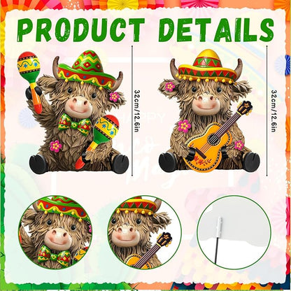 Amyhill 2 Pcs Mexican Fiesta Metal Outdoor Decor Cinco De Mayo Garden Stakes Highland Cow Welcome Yard Signs Decorations Garden Stakes for Mexican Western Cowboy Patio Lawn Walkway Outside Decor