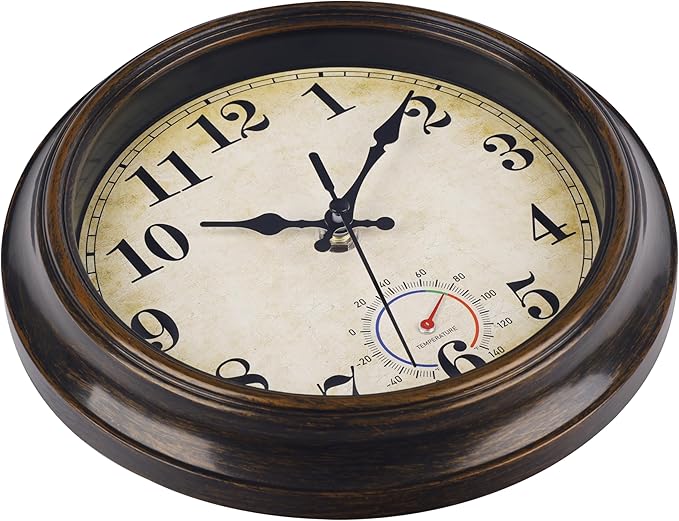 Outdoor Clocks Waterproof with Thermometer Combo Vintage Rustic Wall Clock for Patio Pool Bathroom Kitchen(8 Inch,Bronze)