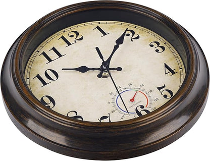 Outdoor Clocks Waterproof with Thermometer Combo Vintage Rustic Wall Clock for Patio Pool Bathroom Kitchen(8 Inch,Bronze)
