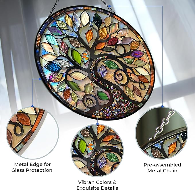 Stained Glass Window Hanging, Bohemian Tree of Life Sun Catchers Diamond Glass Panel Hangings Abstract Suncatcher Decor for Birthday for Women, Men, Wife, Aunt, and Mom 9.8 in
