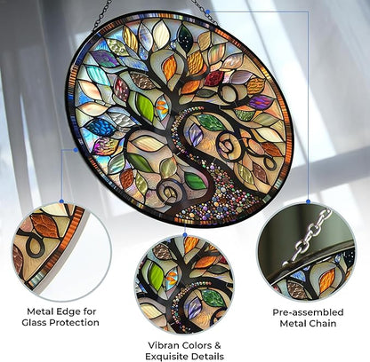 Bohemian Tree of Life Stained Glass Window Hanging, Colorful Bohemian Tree of Life Sun Catchers Glass Panel Blue Suncatcher Decor for Birthday for Women, Men, Wife, Aunt, and Mom 7.8 in
