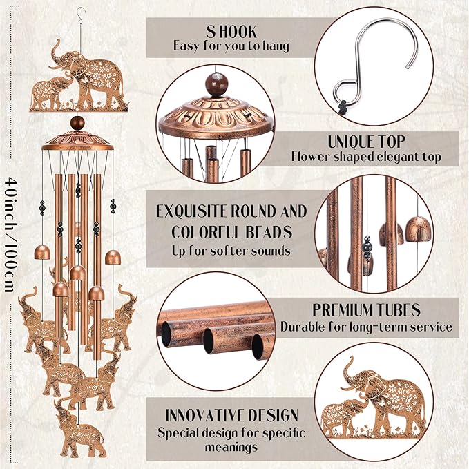 Elephant Wind Chimes for Outside - Metal Windchimes Outdoors Decor Garden Patio Backyard Home Art Hanging Waterproof Elephants Ornament Christmas Birthday Gift for Women Mom Grandma Sister