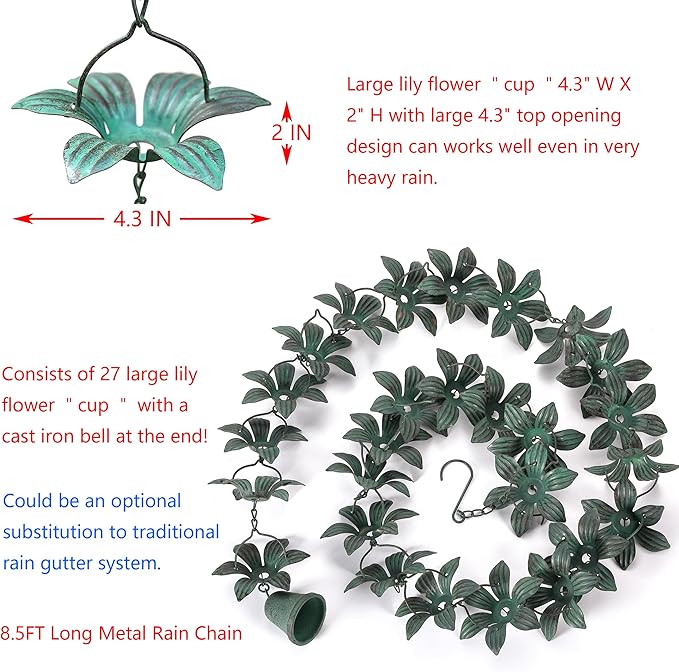 Metal Lily Flower Rain Chain for Outside, Functional and Decorative Replacement Gutter Chain Downspout for Heavy Rain, Rain Catcher Chain for Gutters, 8.5FT (27 Lily Flower Cup)