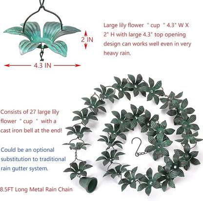 Metal Lily Flower Rain Chain for Outside, Functional and Decorative Replacement Gutter Chain Downspout for Heavy Rain, Rain Catcher Chain for Gutters, 8.5FT (27 Lily Flower Cup)