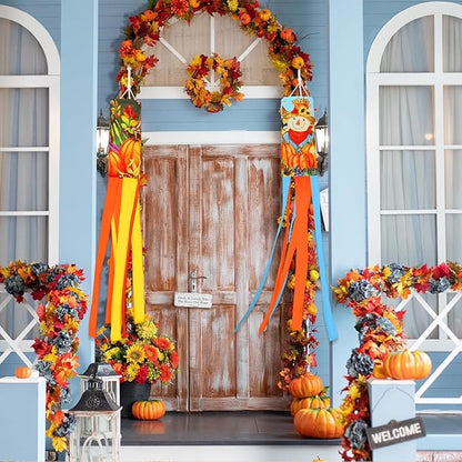NOVWANG 2 Pcs Fall Windsocks, Scarecrows Pumpkins Wind Socks Autumn Windsocks Thanksgiving Outdoor Hanging Scarecrow Decorations for Home Farmhouse Garden Yard Decor