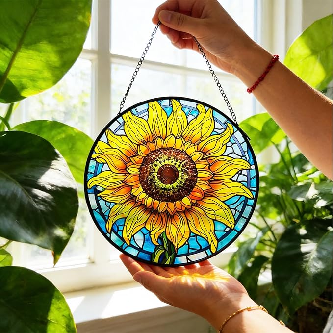 Sunflower Decor Suncatcher Stained Glass Window Hanging 7.87” Handmade Garden Suncatchers for Windows Hanging - Sun Catchers Wall Art Glass Panel Gifts for Mother's Day Christmas Birthday ﻿