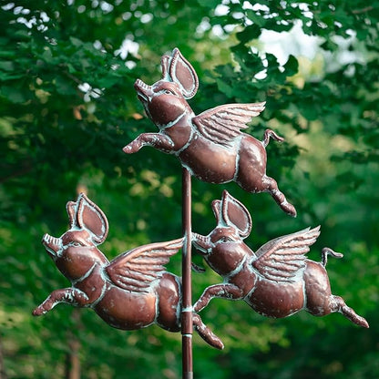 Metal Flying Pigs Spinner Outdoor Decorative Stake, Waterproof Garden Decor, Animal Art Sculpture & Statue Decoration for Yard, Patio, Lawn