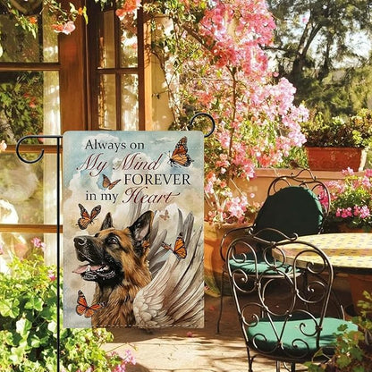 Dyrenson Memorial German Shepherd Dog Decorative Garden Flag, Always on My Mind Forever in My Heart Yard Outside Home Decoration, Pet Butterfly Cemetery Burlap Outdoor Small Decor Double Sided 12x18