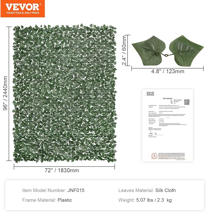 VEVOR Artificial Ivy Privacy Fence Screen, 96 x 72 in Faux Ivy Vine Leaf Hedges Fence, Greenery Privacy Fence with Strengthened Joint, Green Wall Decoration for Outdoor Garden, Yard, Balcony