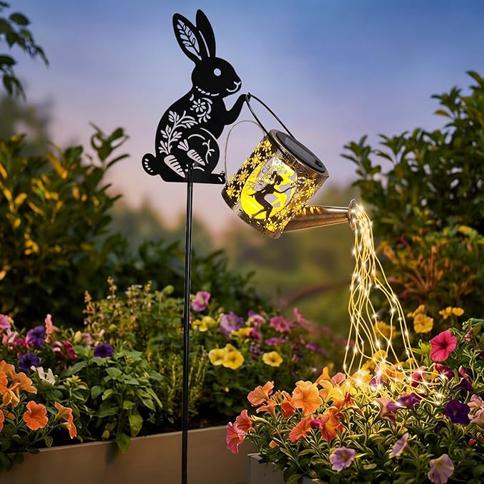 LOVERUIS Garden Statues Bunny with Solar Watering Can Lights, Cute Outdoor Bunny Figurines Garden Decor for Patio Yard Lawn Ornaments, Unique Gift for Women Mom Grandma