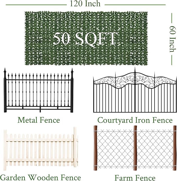 Artificial Ivy Privacy Fence Screen: 60"x 120" (50 Sqft) Anti-Ultraviolet Artificial Hedge Grass Wall, Used for Indoor and Outdoor Green Background, Garden Greening Decoration