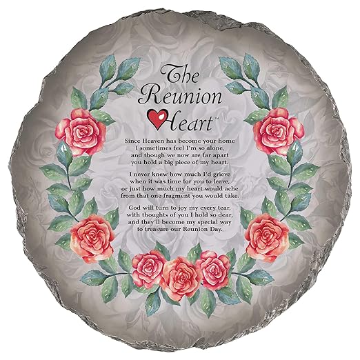 Magnolia Garden 10-Inch Reunion Heart Decorative Stepping Stone – Memorial Poem Resin Garden Tile – Pink Watercolor Rose Sympathy Outdoor Accent