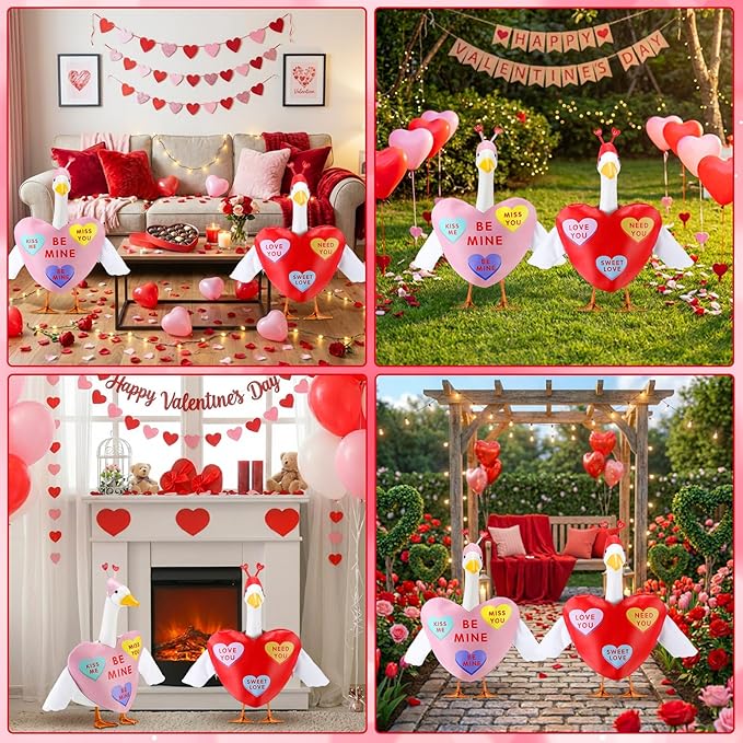 Abbylike 2 Sets Valentine's Day Porch Goose Outfits Conversation Heart Porch Yard Goose Outfits Clothes Costume Fits Large 23'' Cement for Garden Yard Statue Pathway Decorations