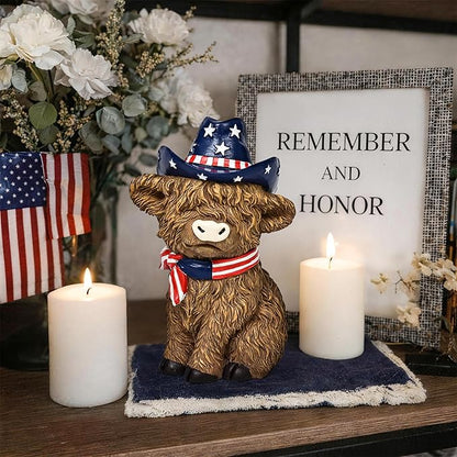 TISEJOY 8" 4th of July Decorations Outdoor Highland Cow Statue for Memorial Day, Highland Cow Decor,Patriotic Decorations for Home Decor, Stars and Stripes Highland Cow Figurines for Desk Garden
