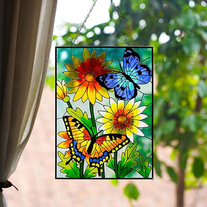 VinSees Large 15 * 11 Inch Butterfly Stained Glass Windows Hanging, Glass Panel and Metal Chains,Large Size Sun Catchers for Windows Hanging. Butterfly Wall Decorations for Balcony or Yard.