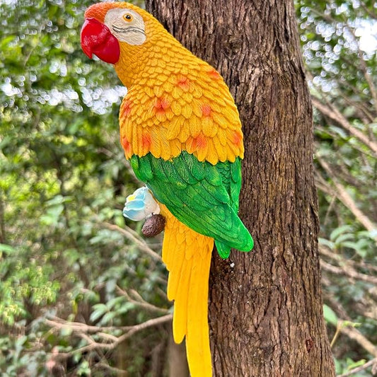 12.7in Fake Parrots Statue for Outdoor Pool Deck Decorations, Resin Lifesize Hawaiian Tropical Birds Decor for Patio, Wall Parrot Decor, Plastic Parrot Sculpture for Yard, Palm Tree(Yellow)