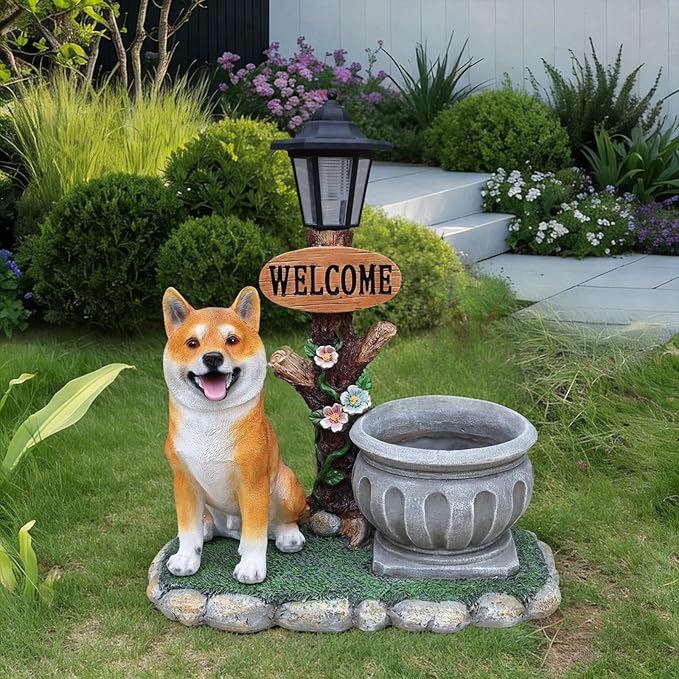 Virubi Sitting Akita Dog Planter Garden Decor with Planter, Loyal Akita Statue Succulent Flower Pot, Weather Resistant Outdoor Ornament for Patio Garden Path Porch Backyard