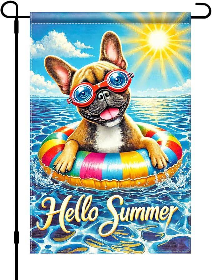 HOMETITUTE Hello Summer Garden Flag French Bulldog 12x18 Vertical Double Sided Pool Party Welcome Summer Yard Garden Flag Seasonal Holiday Outdoor Decorative Flag for Patio Lawn